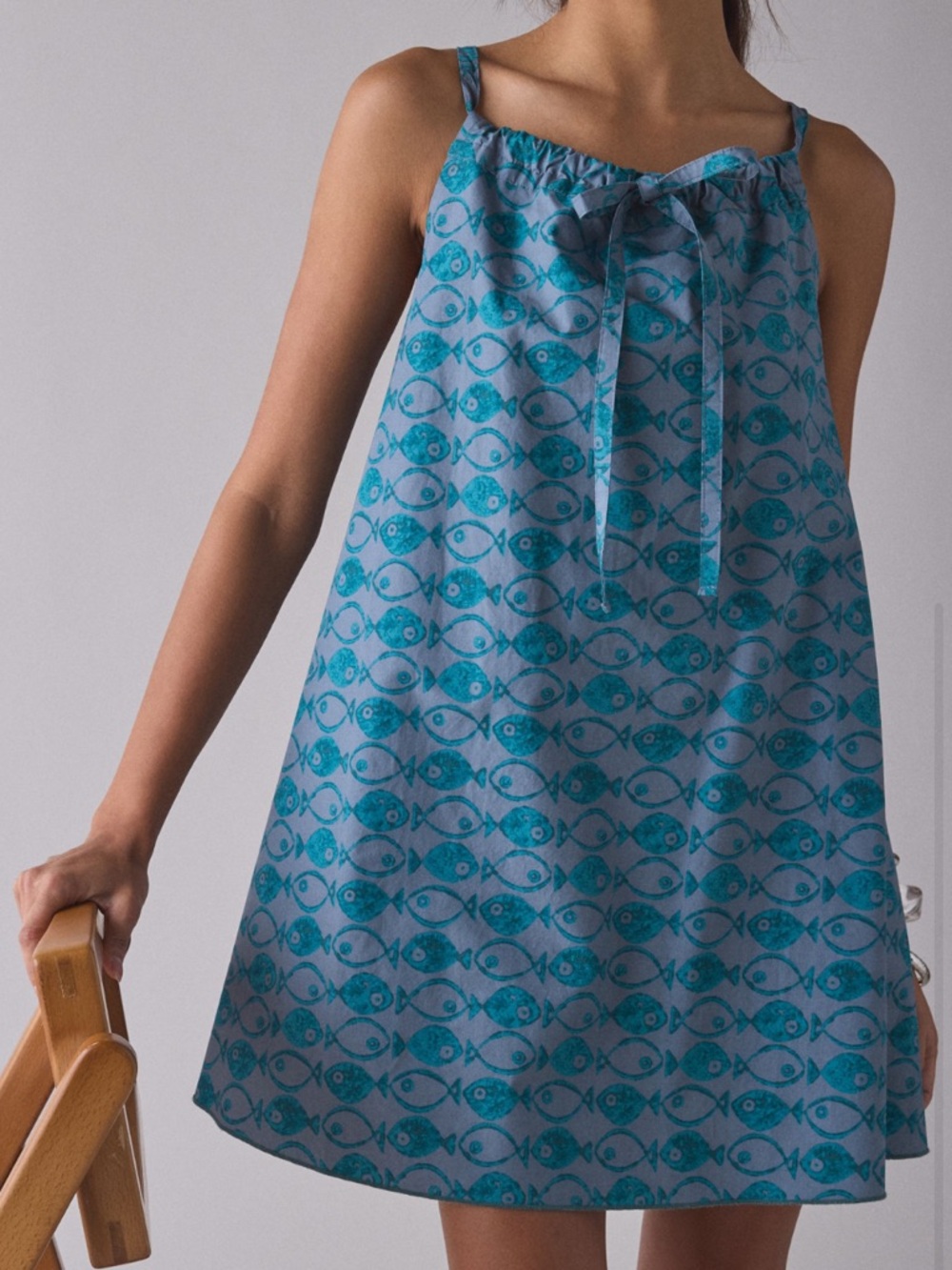 BDG by Urban Outfitters Eva Tie Front Ruched Trapse Mini Dress - Fish Print